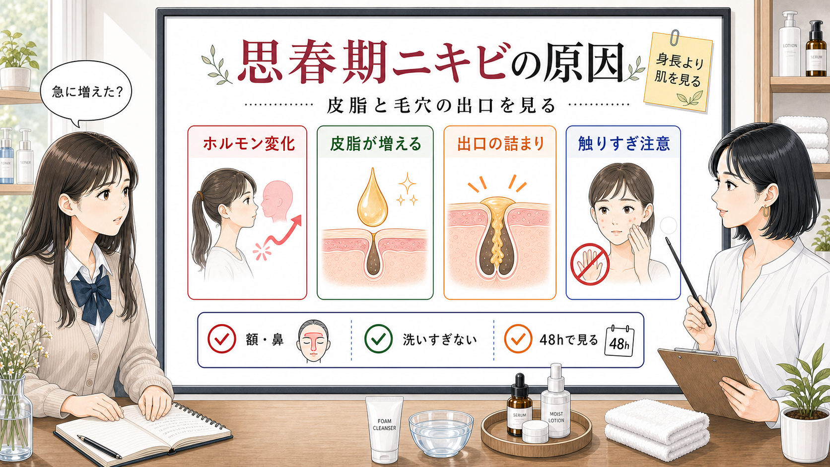 思春期ニキビの原因を皮脂と毛穴の出口で見る相談ボード