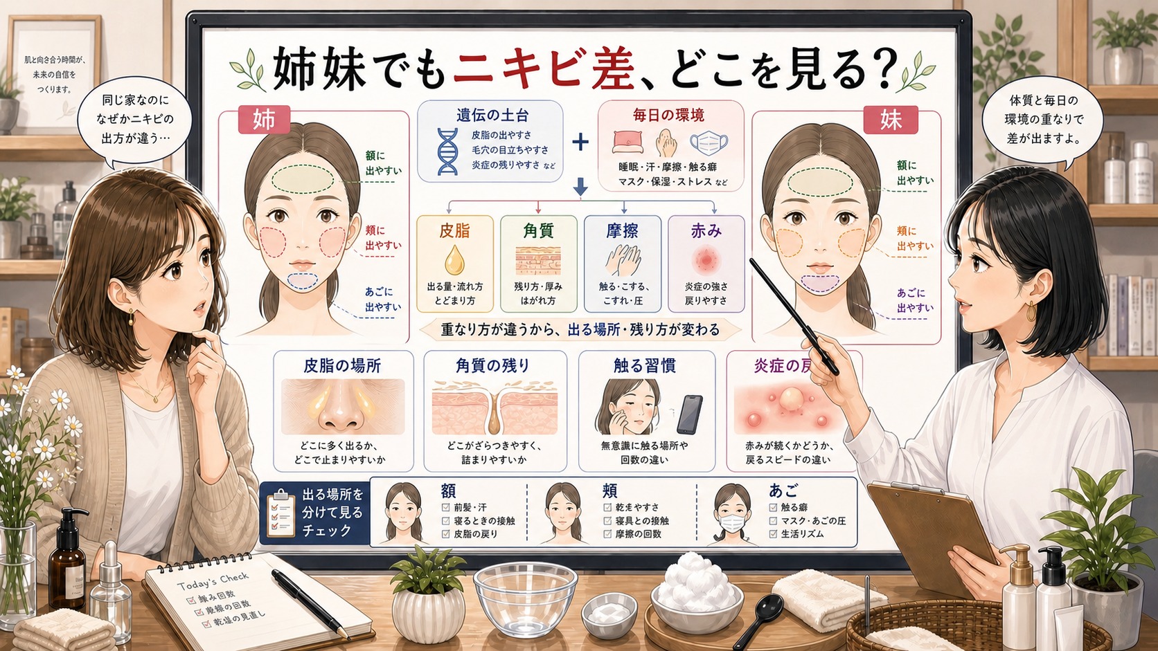 姉妹でもニキビ体質が違う理由を遺伝と毎日の環境で分けて見る美容相談ボード