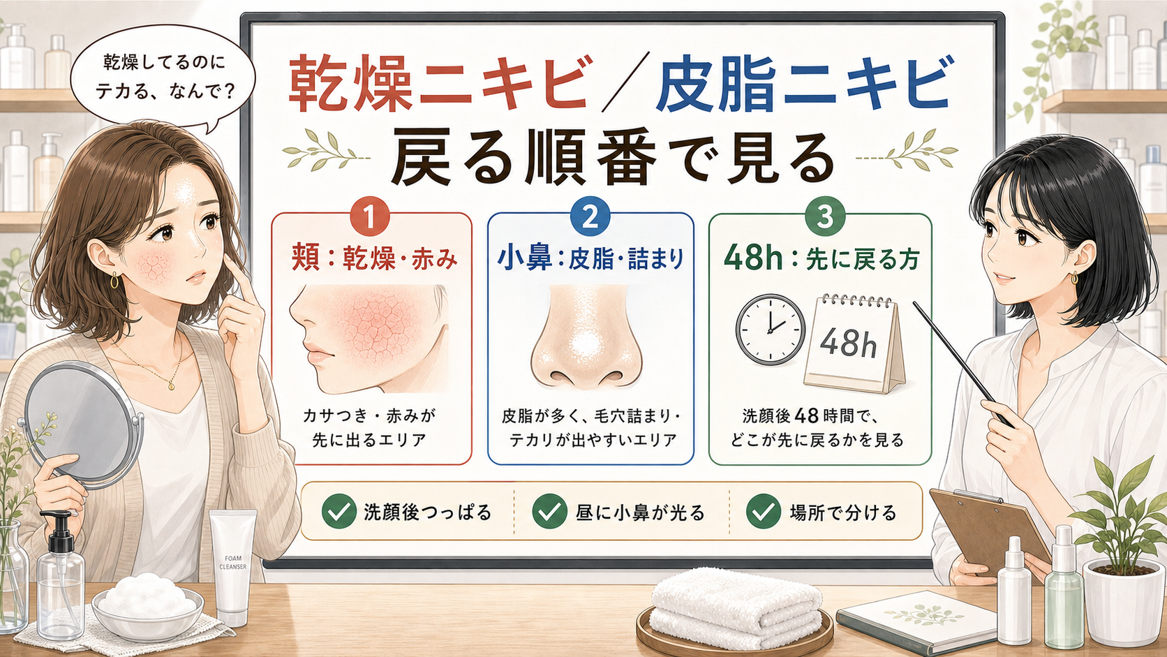 乾燥ニキビと皮脂ニキビの違いを、頬の乾燥・小鼻の皮脂・48時間の戻り方で見分ける解説図