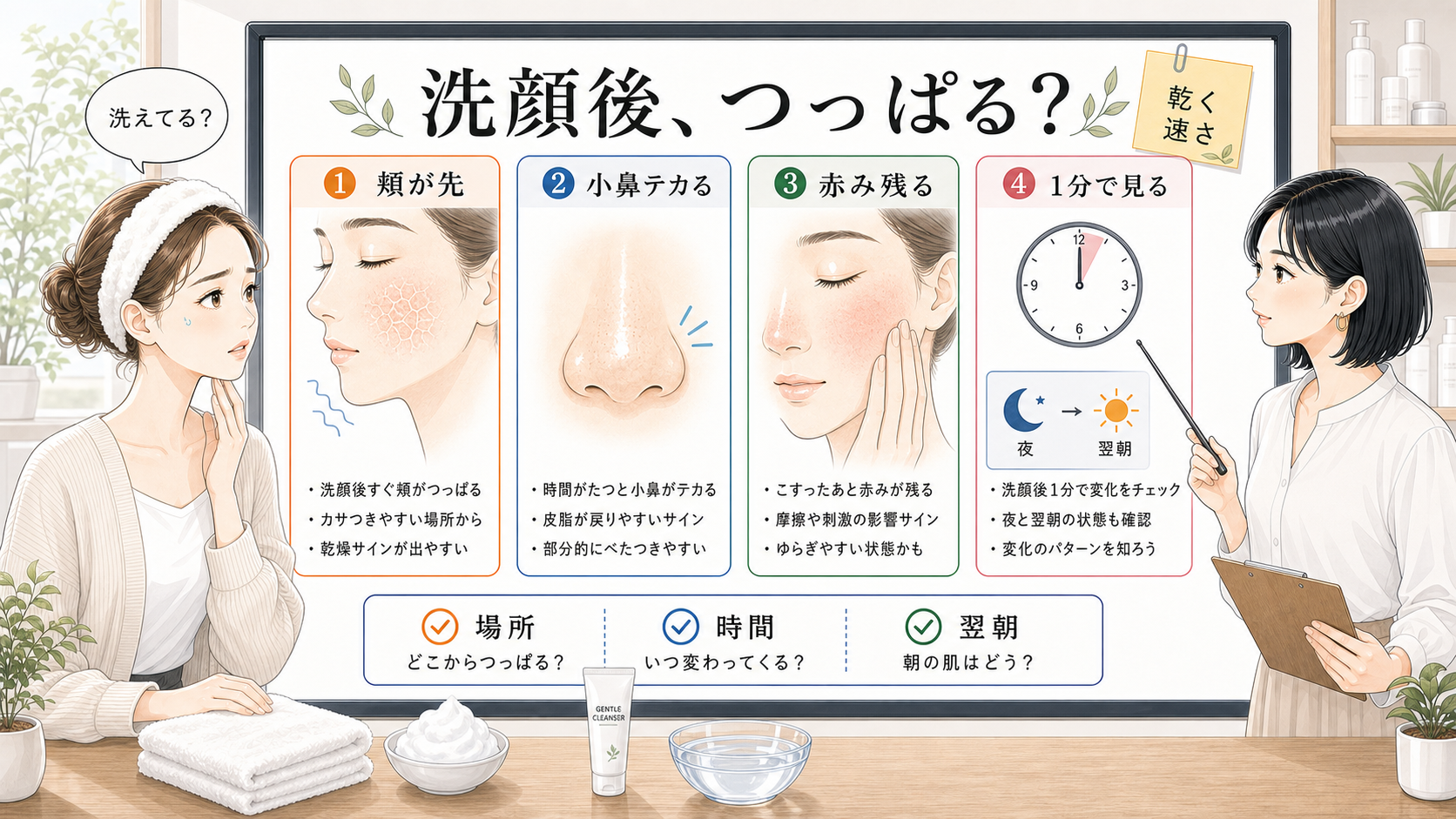 洗顔後につっぱる肌を頬・小鼻のテカり・赤み・1分の変化で見分ける美容メディア風の比較ボード