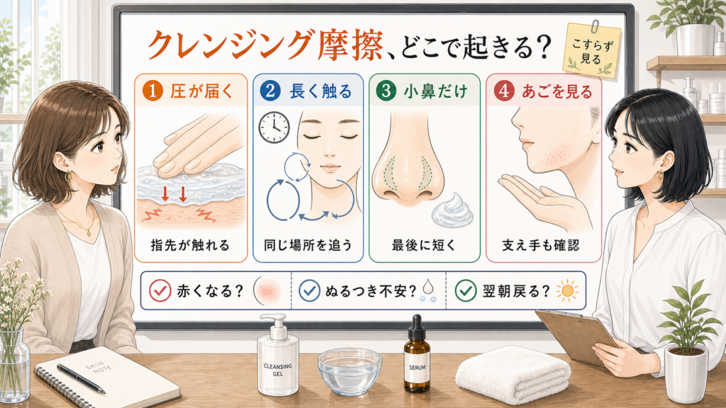 クレンジング摩擦が起きる圧と時間を白ボードで整理する女性向け美容相談イラスト