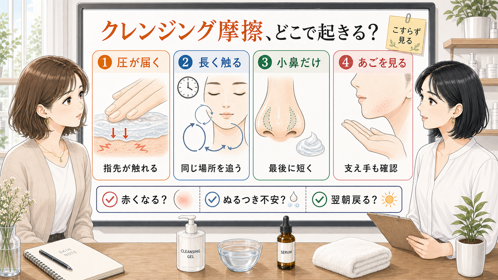 クレンジング摩擦が起きる圧と時間を白ボードで整理する女性向け美容相談イラスト
