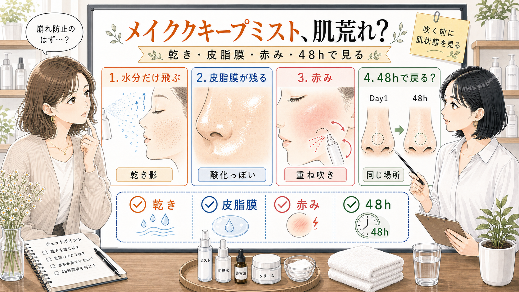 メイクキープミストで肌荒れが気になる日の乾きと皮脂膜と赤みを比較する解説ボード