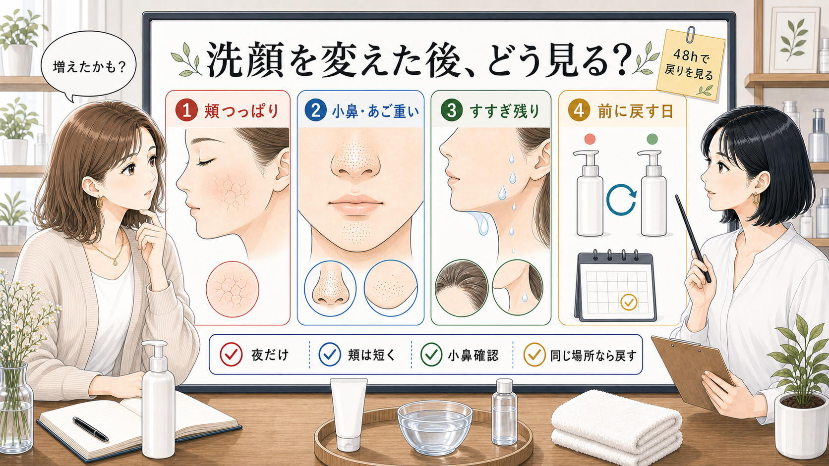 洗顔料を変えた後のニキビの増え方を説明する比較ボード