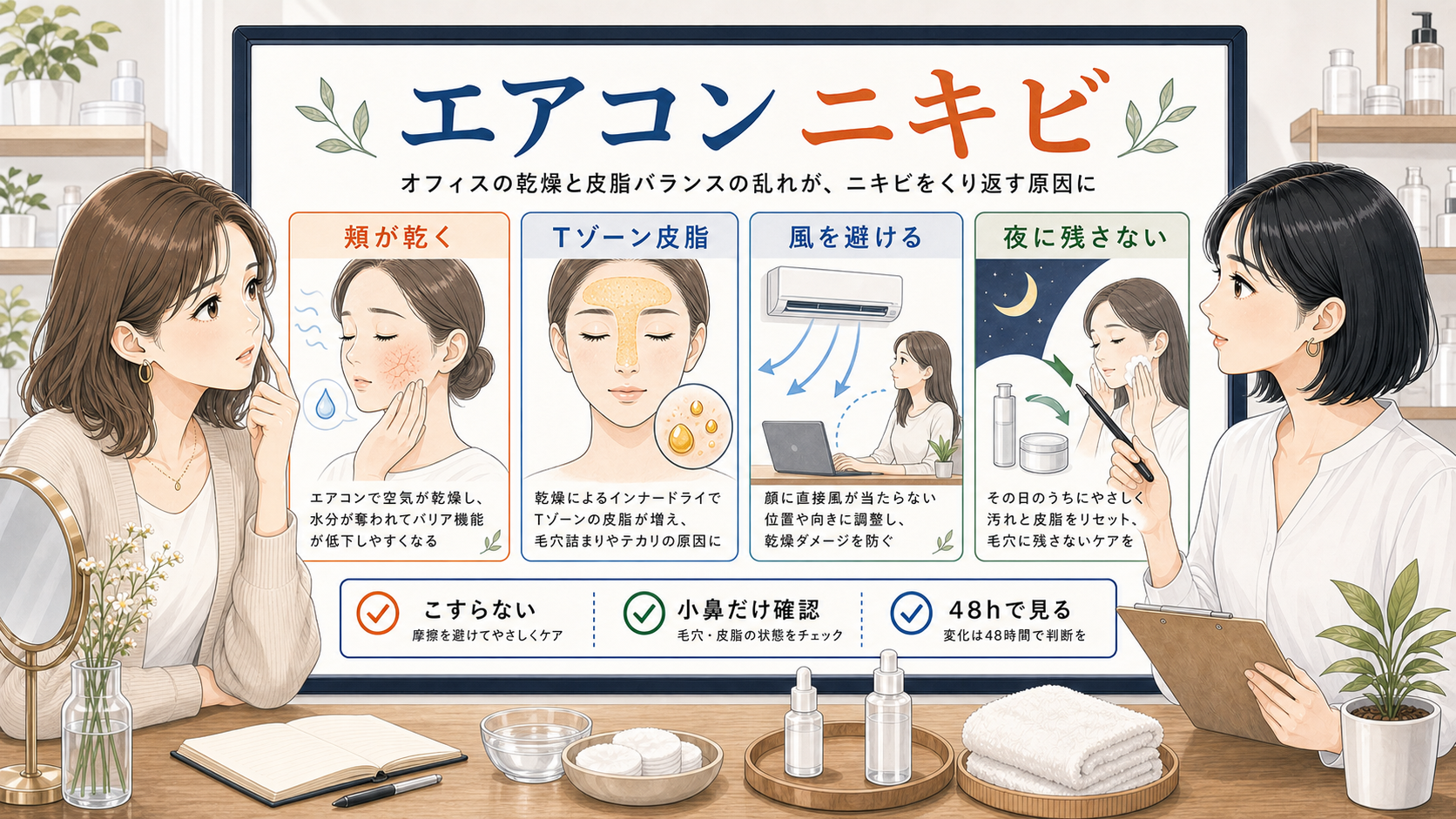 エアコン環境の乾燥とニキビを頬・Tゾーン・夜ケアで整理する美容相談ボード