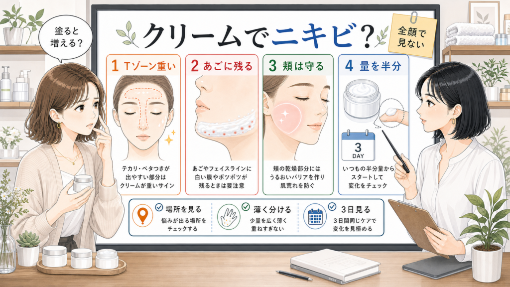 クリームでニキビできる時に顔全体へ塗る前の部位別判断を示す美容メディア風アイキャッチ