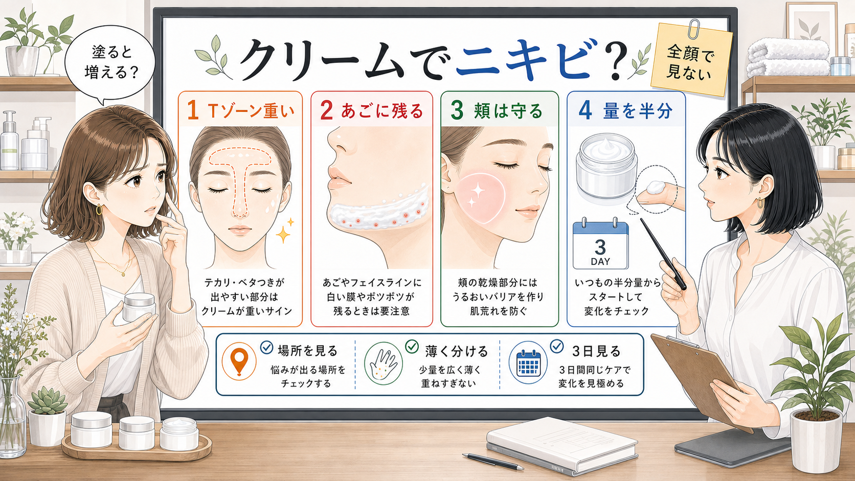 クリームでニキビできる時に顔全体へ塗る前の部位別判断を示す美容メディア風アイキャッチ