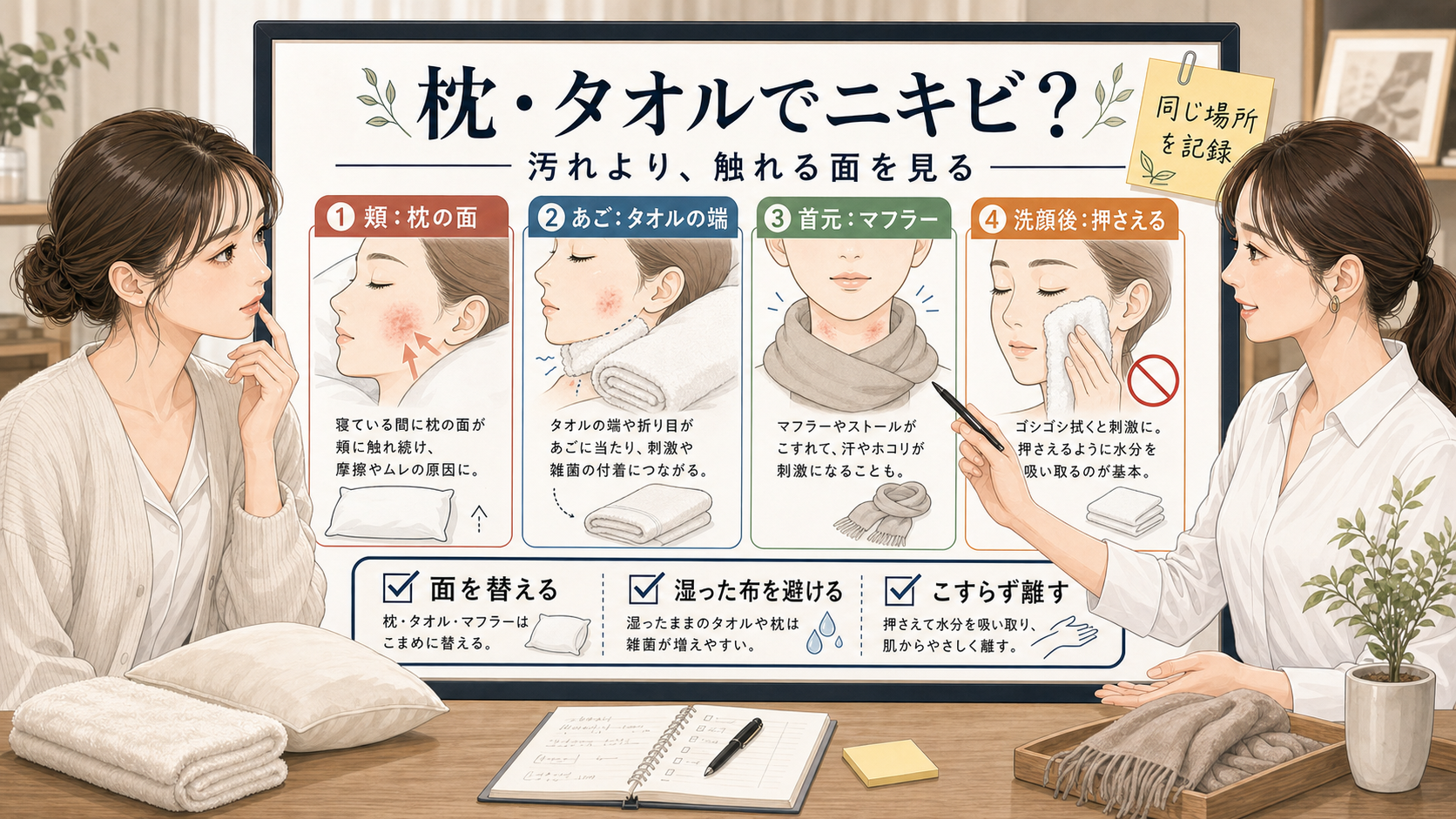 枕やタオルでニキビが増える理由を接触面で見分ける相談ボードのアイキャッチ