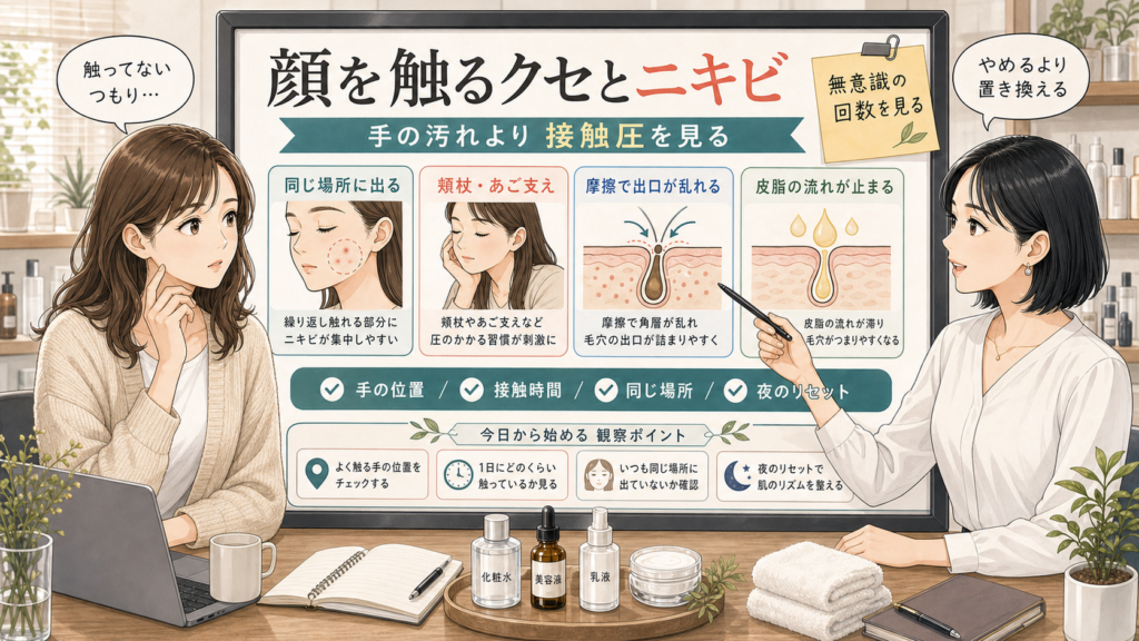 顔を触るクセとニキビの関係を接触圧と毛穴の流れで説明する図解