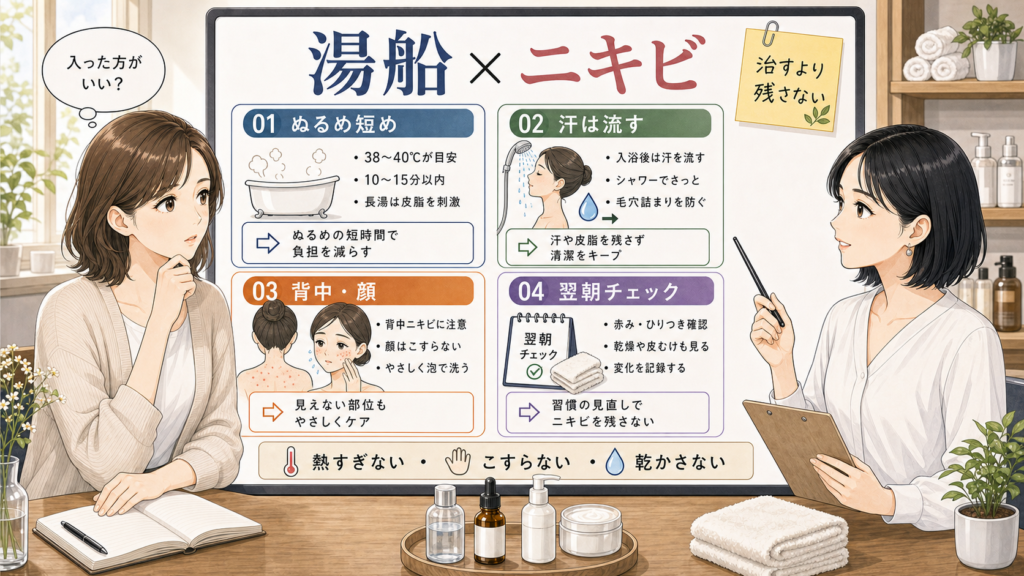 湯船とニキビの関係をぬるめ短め、汗は流す、背中と顔、翌朝チェックで整理する美容メディア風イラスト