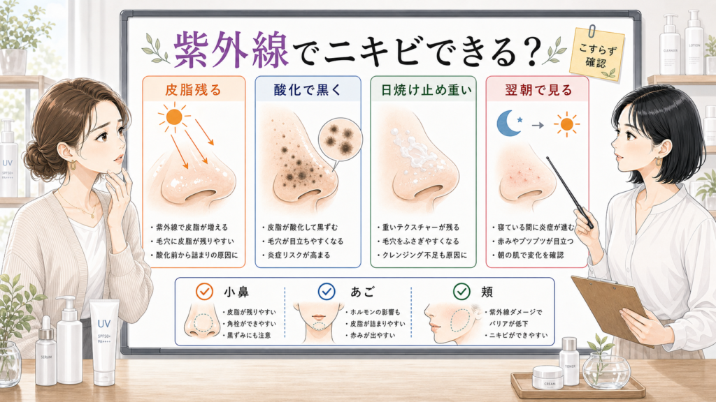 紫外線後の皮脂残りとニキビサインを比較する美容メディアの白ボード図解