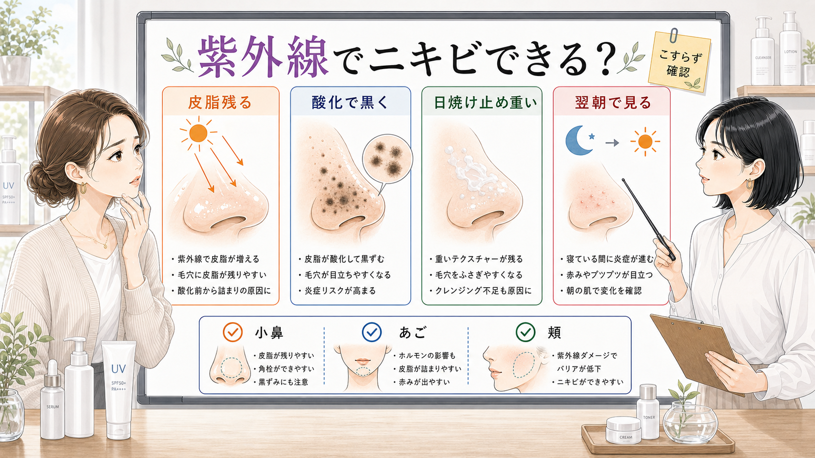 紫外線後の皮脂残りとニキビサインを比較する美容メディアの白ボード図解