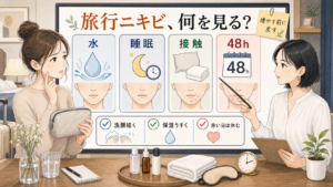 旅行中にニキビができる理由を水、睡眠、接触、48時間で整理する美容相談ボード