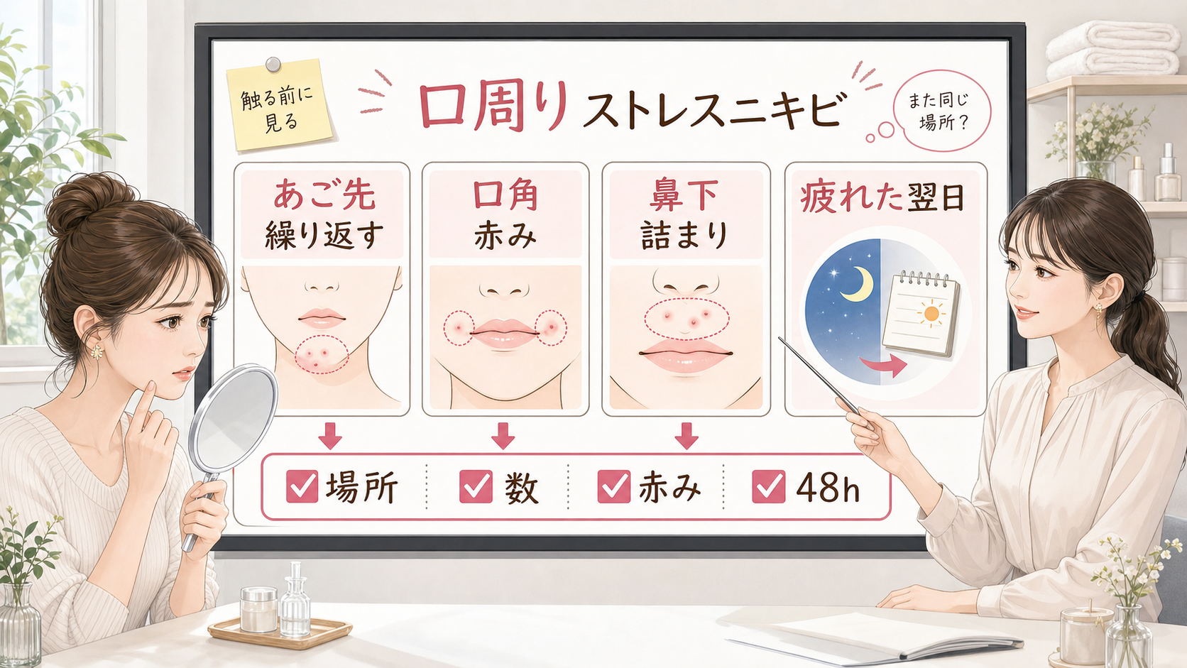 口周りのストレスニキビの特徴をあご先・口角・鼻下・疲れた翌日で確認する図解