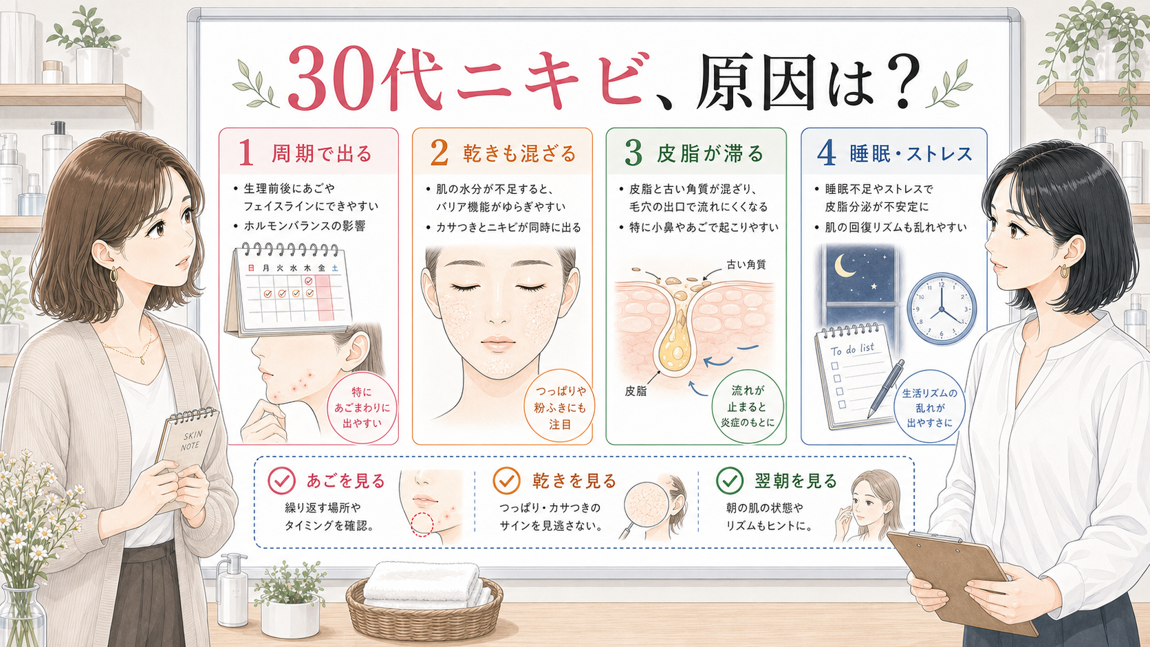 30代でニキビが増える原因をあごや乾きから整理する美容相談ボード