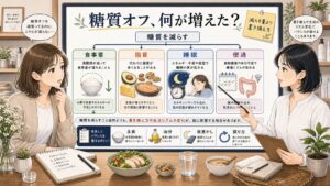 糖質オフ後に食事量・脂質・睡眠・便通の置き換え方を確認する図