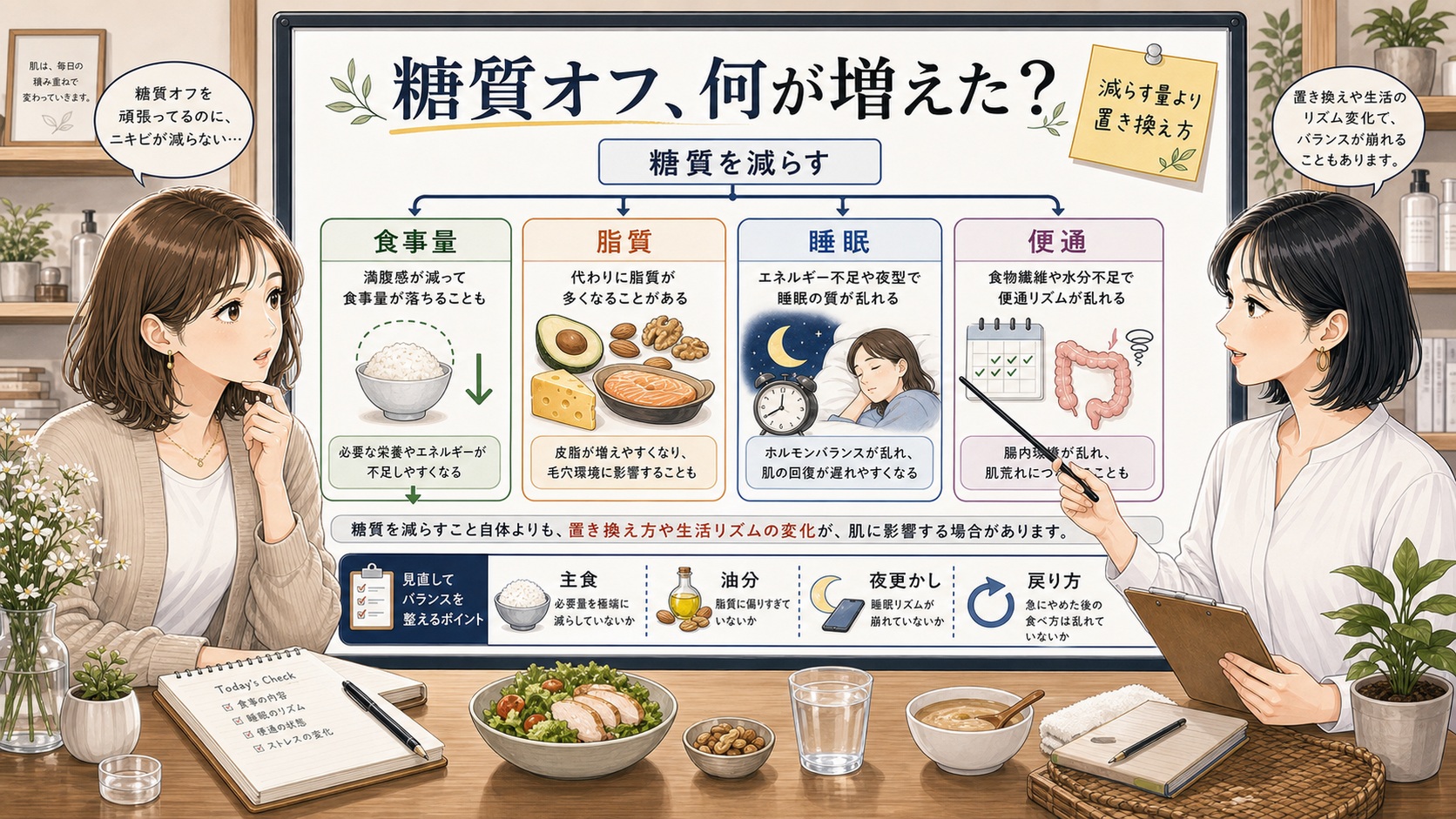 糖質オフ後に食事量・脂質・睡眠・便通の置き換え方を確認する図