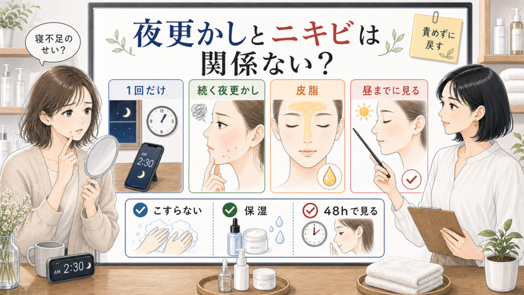 夜更かしとニキビの関係を翌朝の肌で見分ける美容相談イラスト