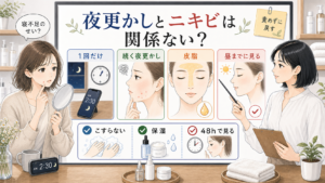 夜更かしとニキビの関係を翌朝の肌で見分ける美容相談イラスト