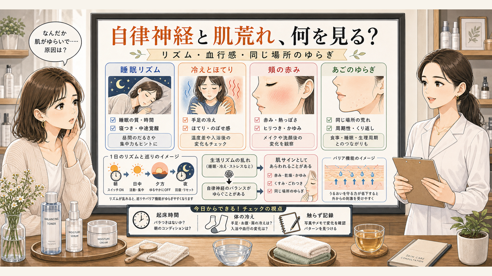 自律神経と肌荒れの関係を睡眠リズムや頬の赤みから確認するアイキャッチ