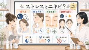 ストレスとニキビを寝不足や触るクセで比較する美容メディアの白ボード図解