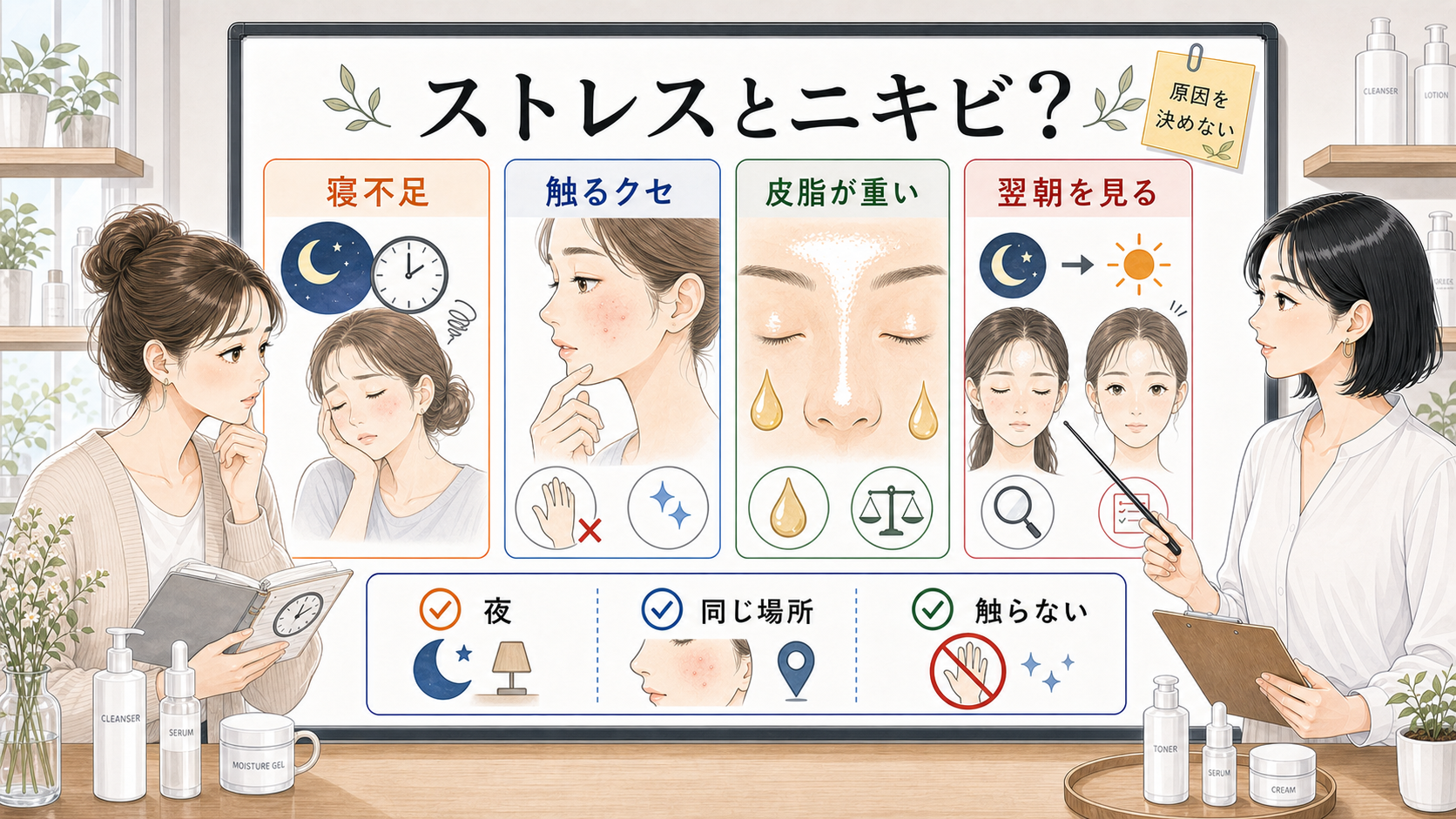 ストレスとニキビを寝不足や触るクセで比較する美容メディアの白ボード図解