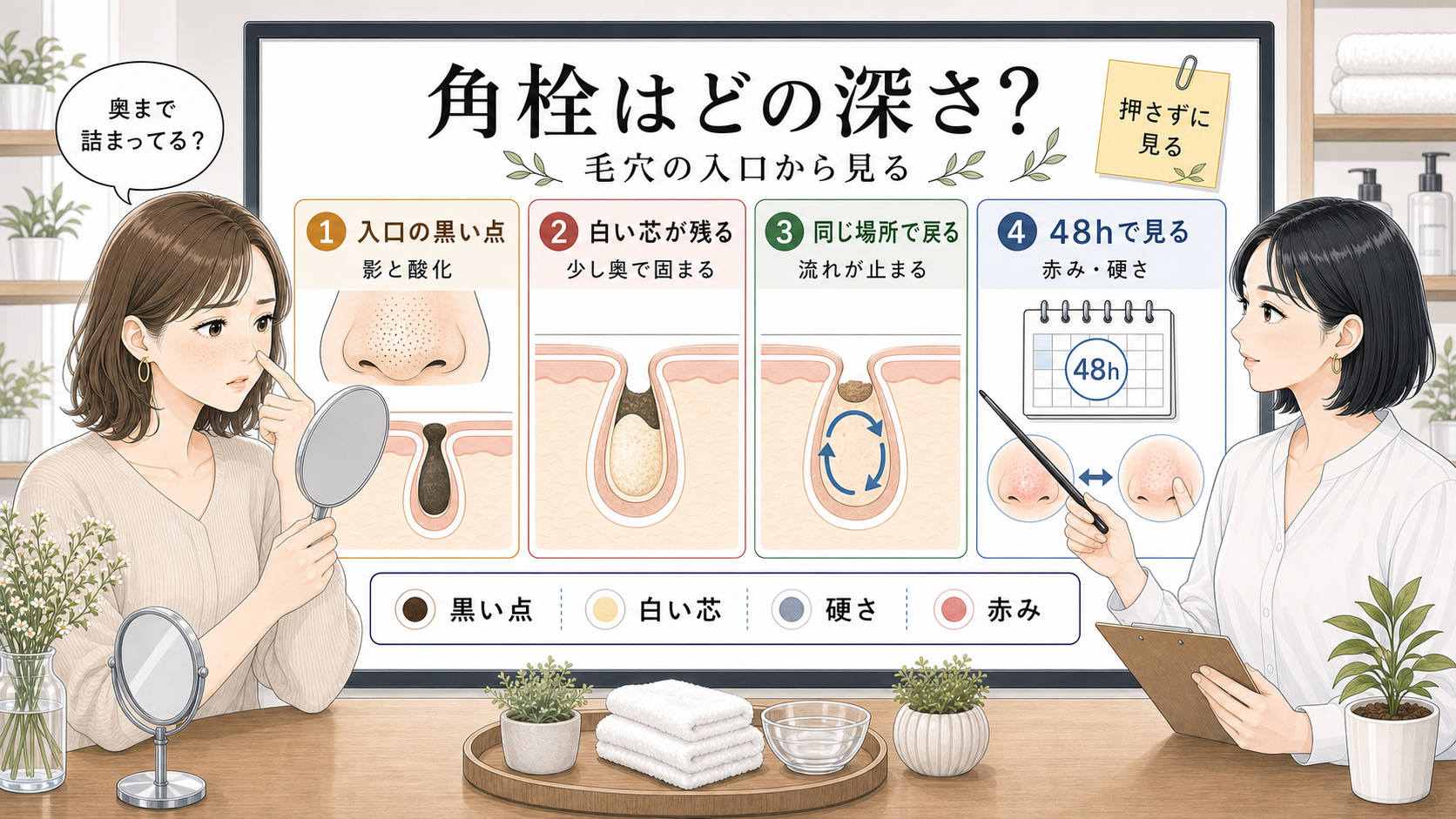 毛穴の深さと角栓の戻り方を説明する美容相談ボード