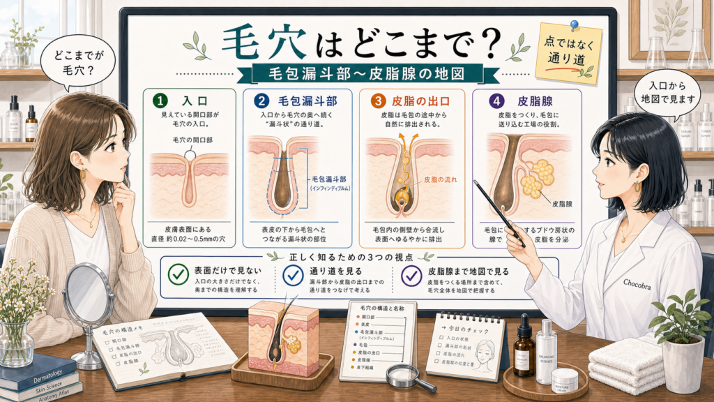 毛穴の入口から毛包漏斗部、皮脂腺までの構造を地図で示すアイキャッチ