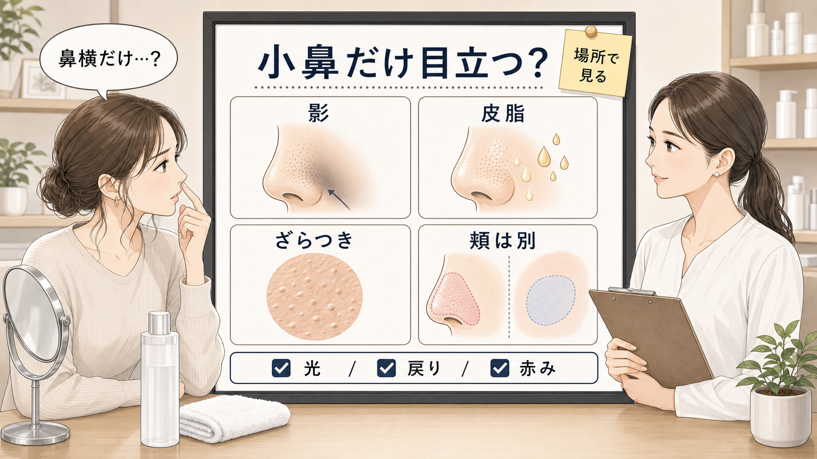 小鼻だけ毛穴が目立つ理由を影・皮脂・ざらつき・頬との差で整理した美容メディア風イラスト