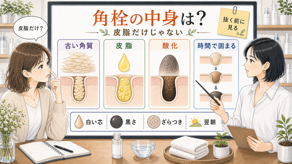 角栓の中身を古い角質・皮脂・酸化・時間で整理する美容メディア風イラスト