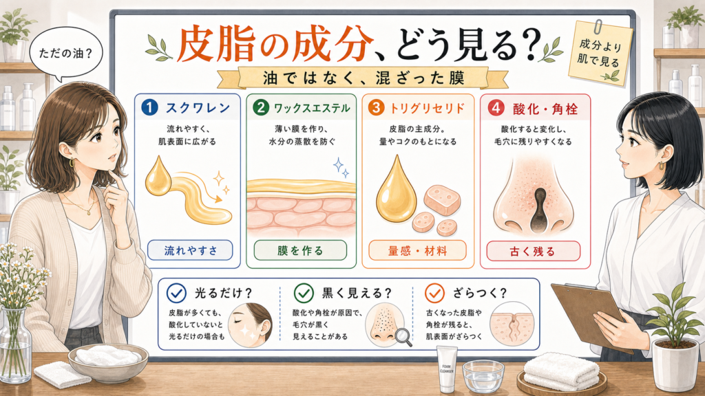 皮脂の成分をスクワレン、ワックスエステル、トリグリセリド、酸化角栓で整理した美容メディア風イラスト