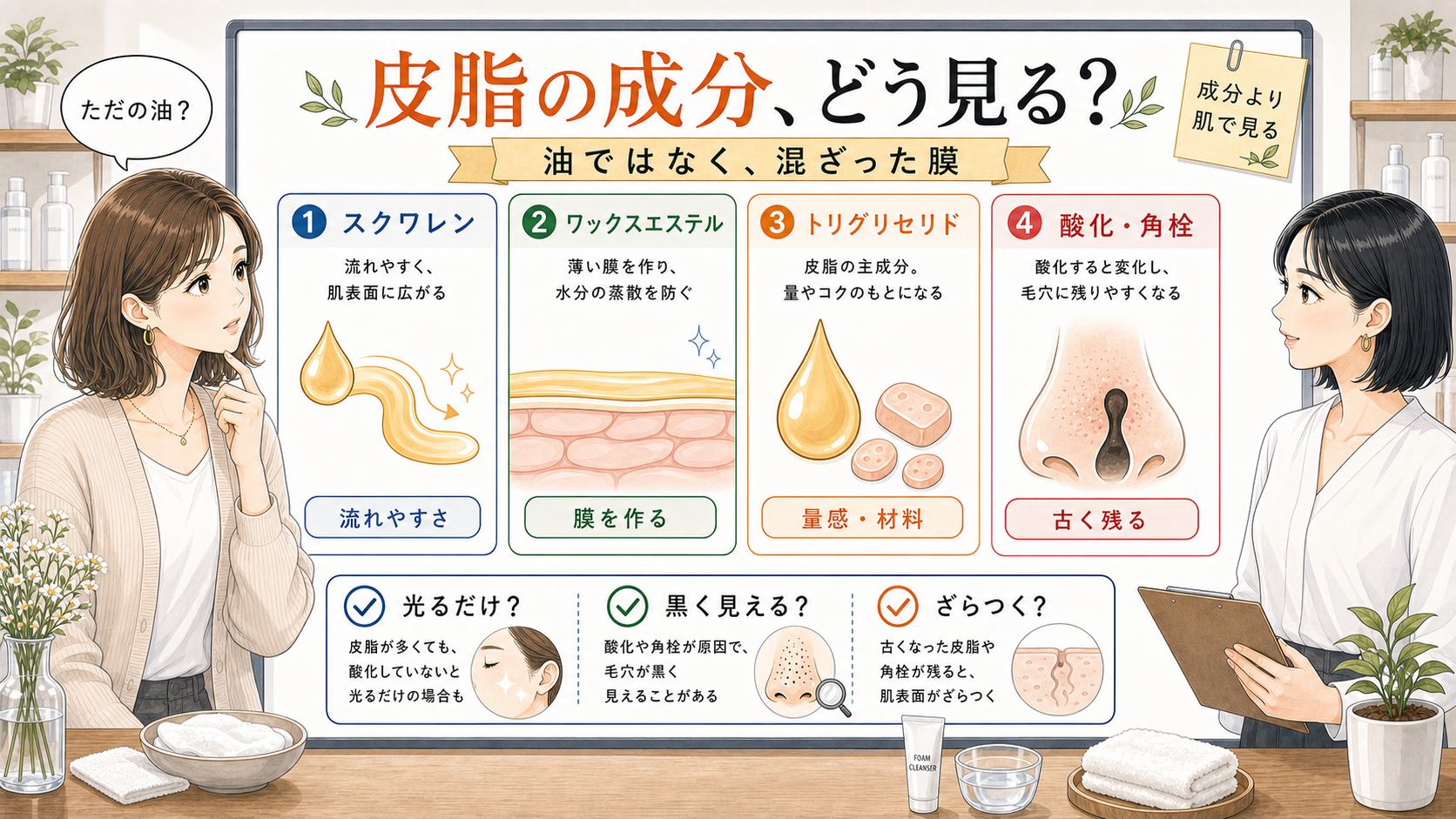 皮脂の成分をスクワレン、ワックスエステル、トリグリセリド、酸化角栓で整理した美容メディア風イラスト