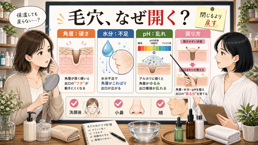 毛穴が開くように見える理由を角層・水分・pHと出口まわりの戻り方で示す1207基準の診断ボード型アイキャッチ