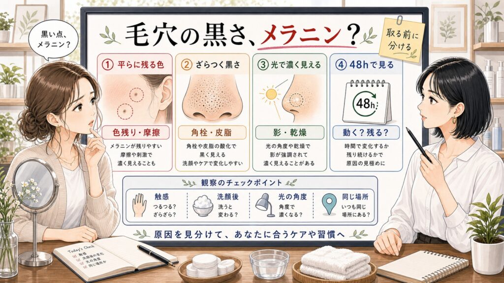 毛穴の黒さがメラニンか角栓や影かを平らな色、ざらつき、光の角度で分ける美容相談ボード