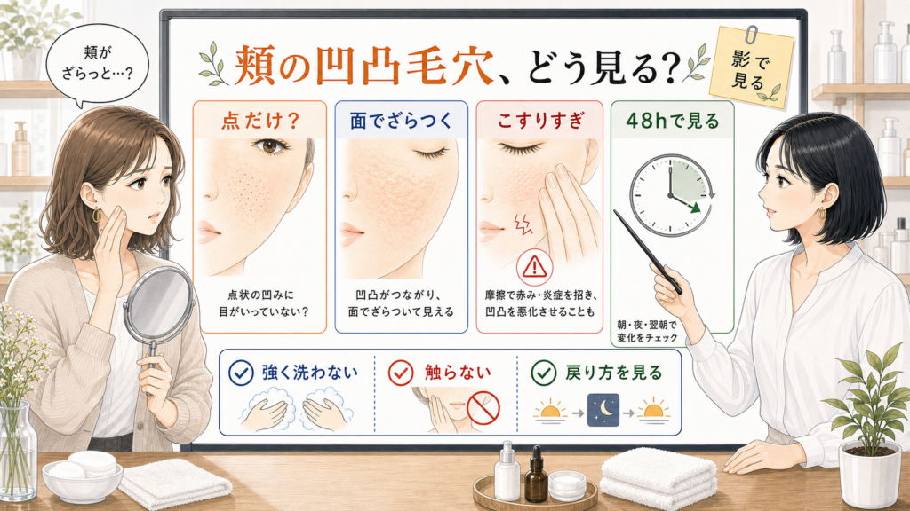 頬の凹凸毛穴とオレンジスキンの見方を説明する比較ボード