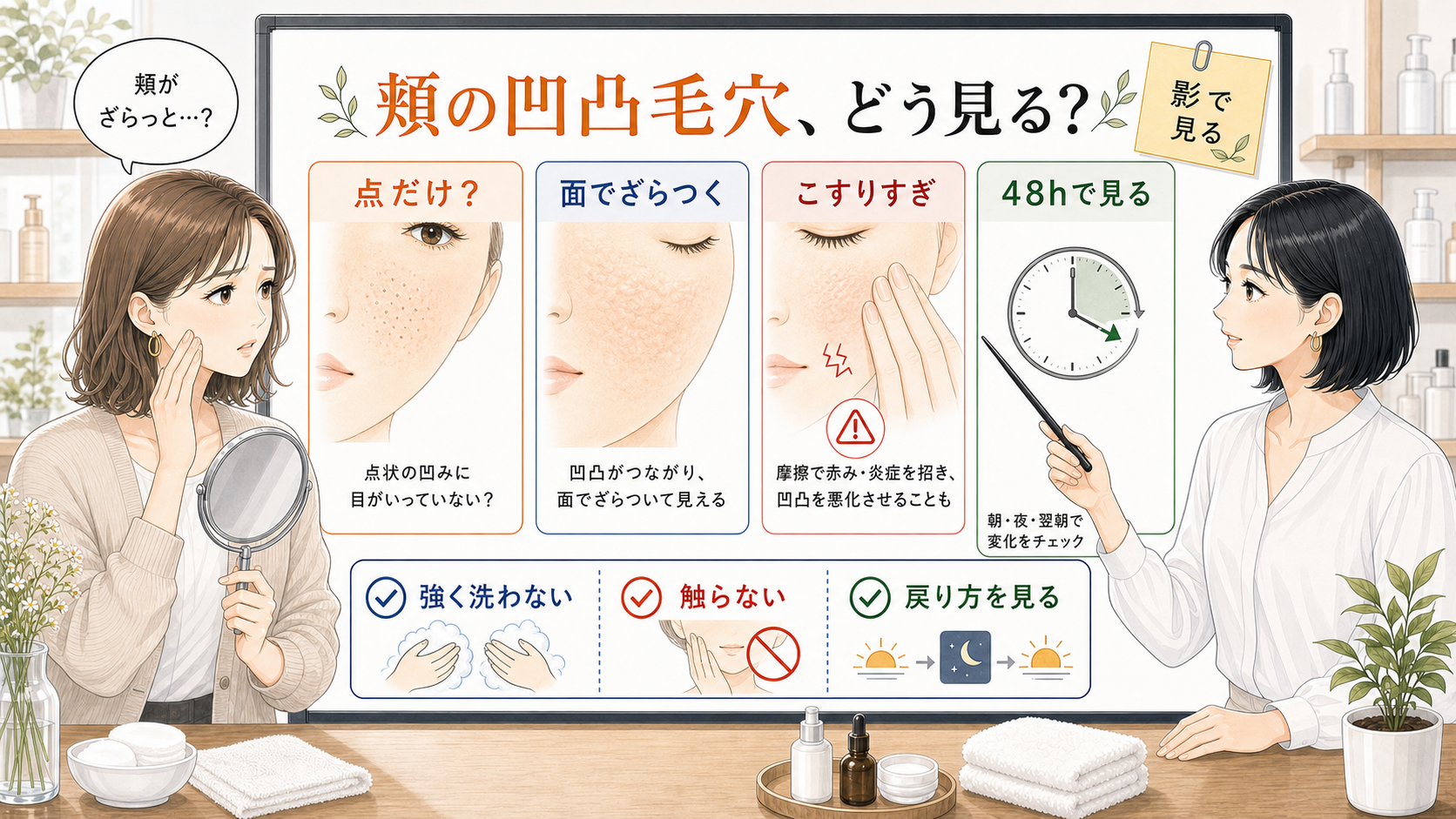 頬の凹凸毛穴とオレンジスキンの見方を説明する比較ボード