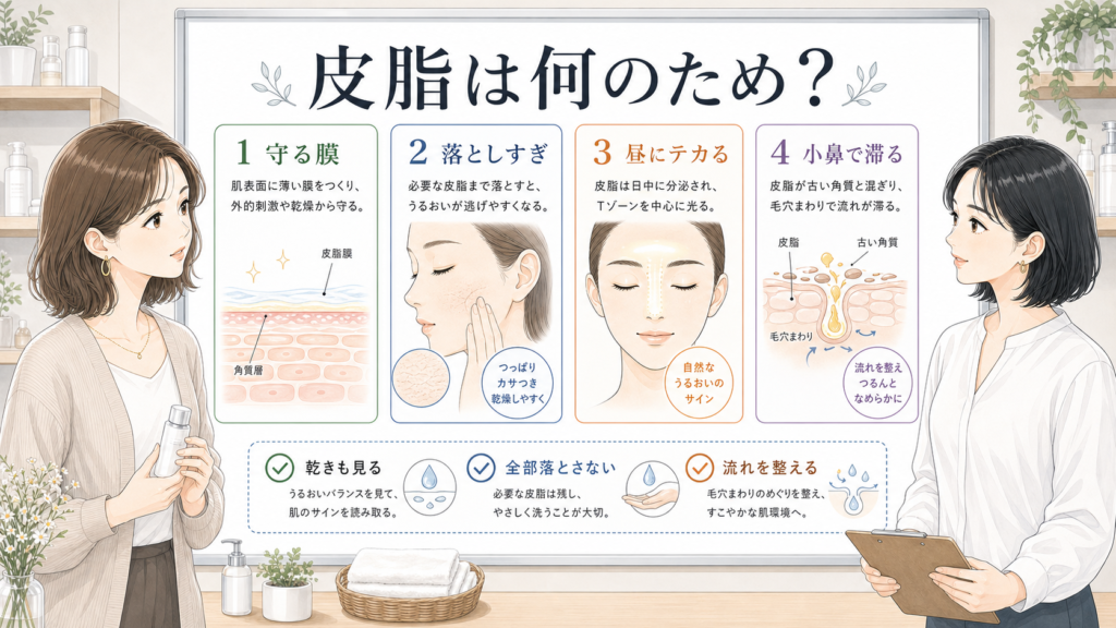皮脂が肌を守る役割と落としすぎない見方を示す美容相談ボード
