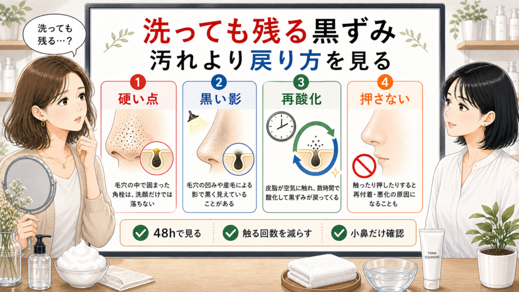 洗っても残る黒ずみを角栓・影・再酸化・押さない判断で見分ける1207基準の相談型解説図