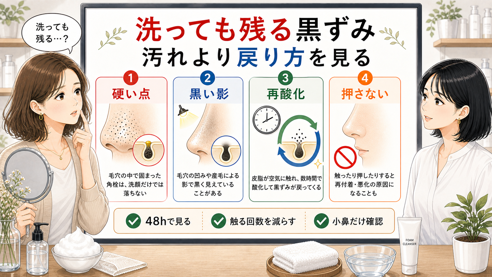 洗っても残る黒ずみを角栓・影・再酸化・押さない判断で見分ける1207基準の相談型解説図