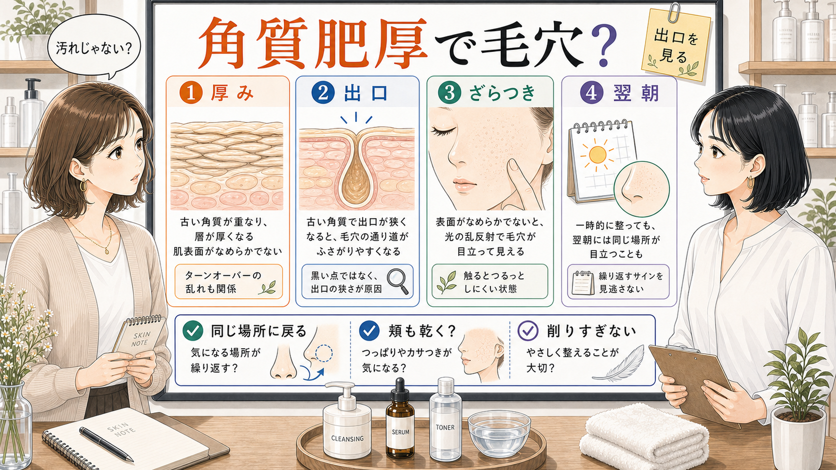 角質肥厚で毛穴の出口が狭くなる見方を整理した相談室風ホワイトボード