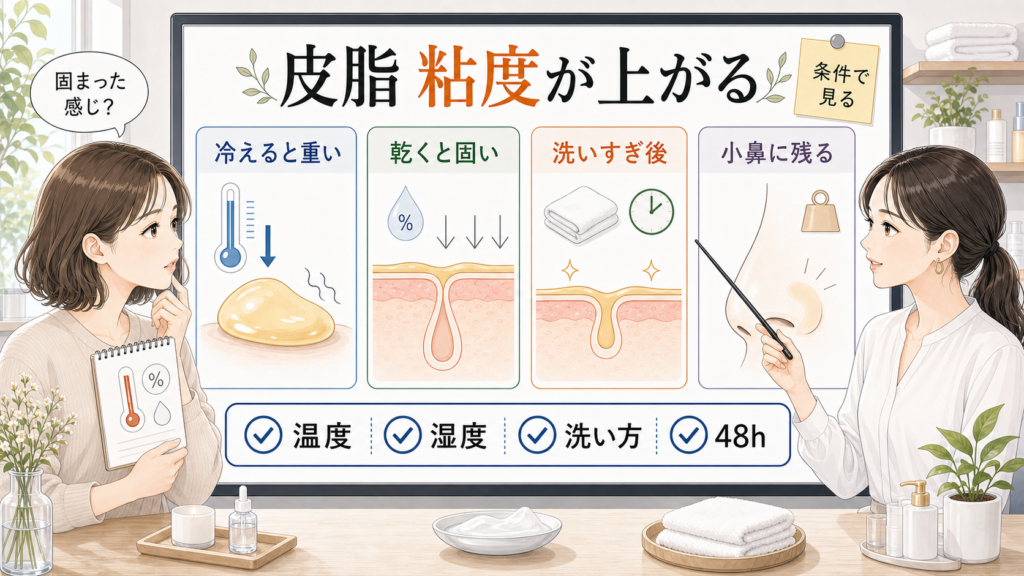 皮脂の粘度が上がる条件を温度・湿度・洗い方・48hで見分ける解説ボード