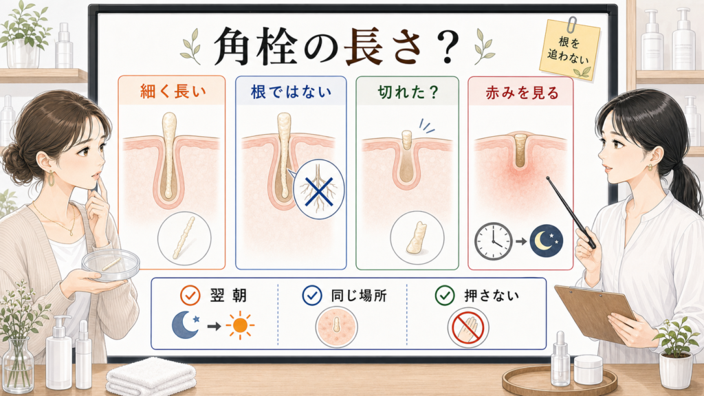 角栓の長さと根ではない見方を比較する美容メディアの白ボード図解