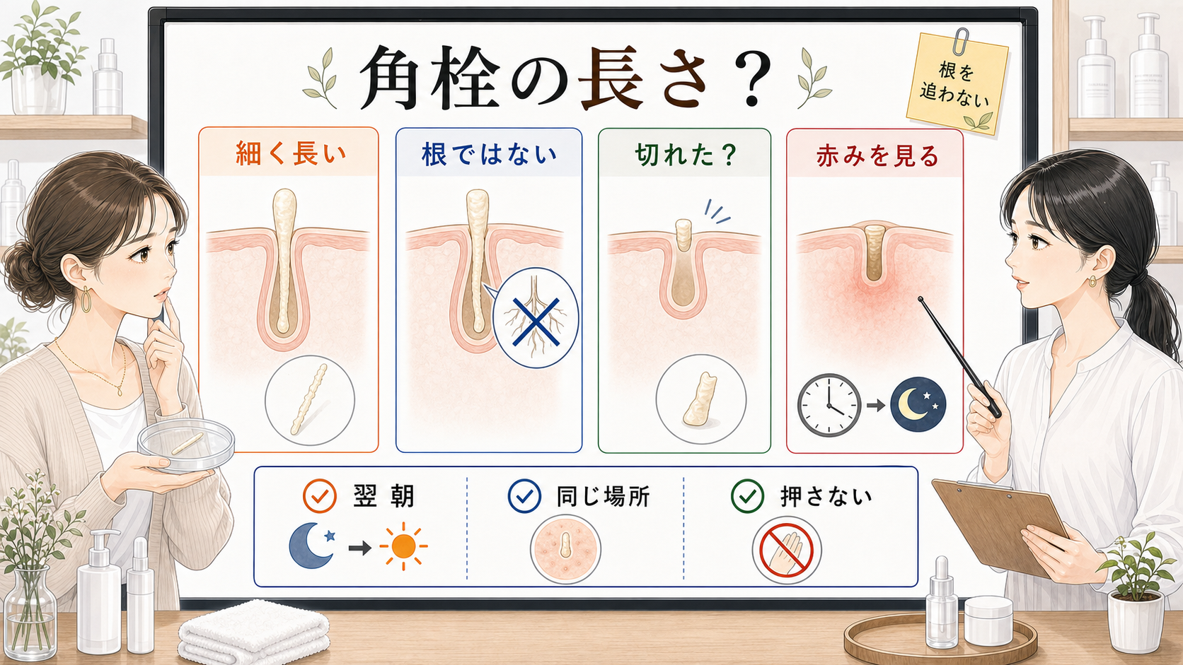 角栓の長さと根ではない見方を比較する美容メディアの白ボード図解