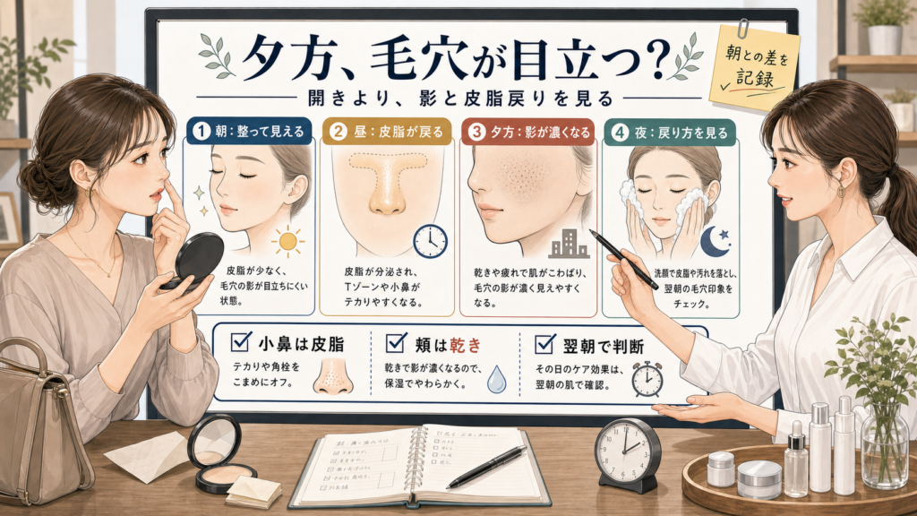 夕方に毛穴が目立つ理由を影と皮脂戻りで見分ける相談ボードのアイキャッチ