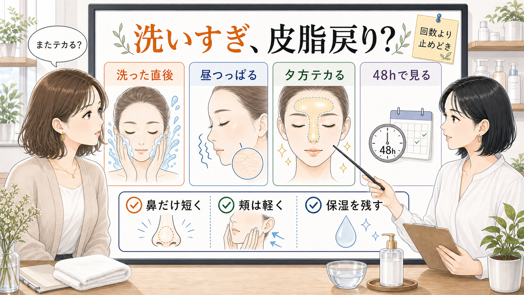 洗顔しすぎで皮脂が戻る日の見分け方を示す図