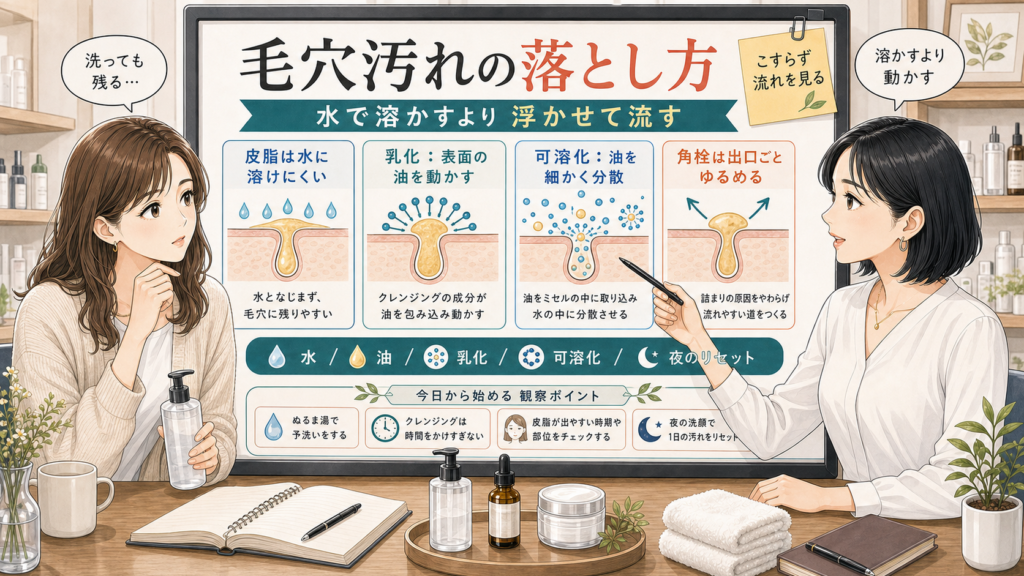 毛穴汚れの落とし方を水と油、乳化、可溶化、角栓の流れで説明する図解