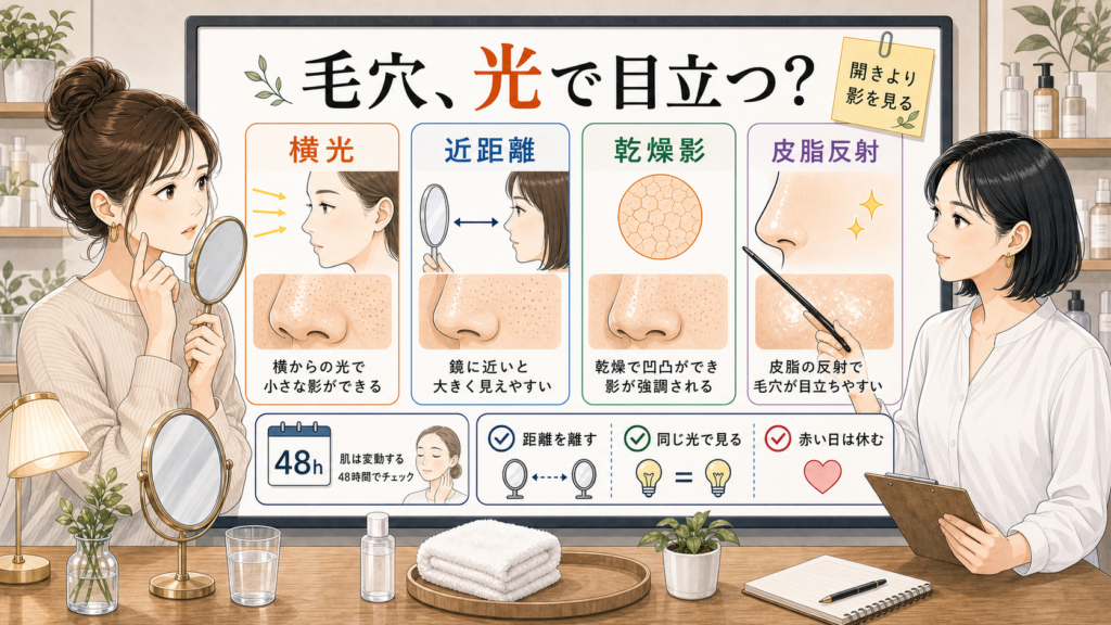 毛穴が光で目立つ理由を横光、近距離、乾燥影、皮脂反射、48時間で整理する美容相談ボード