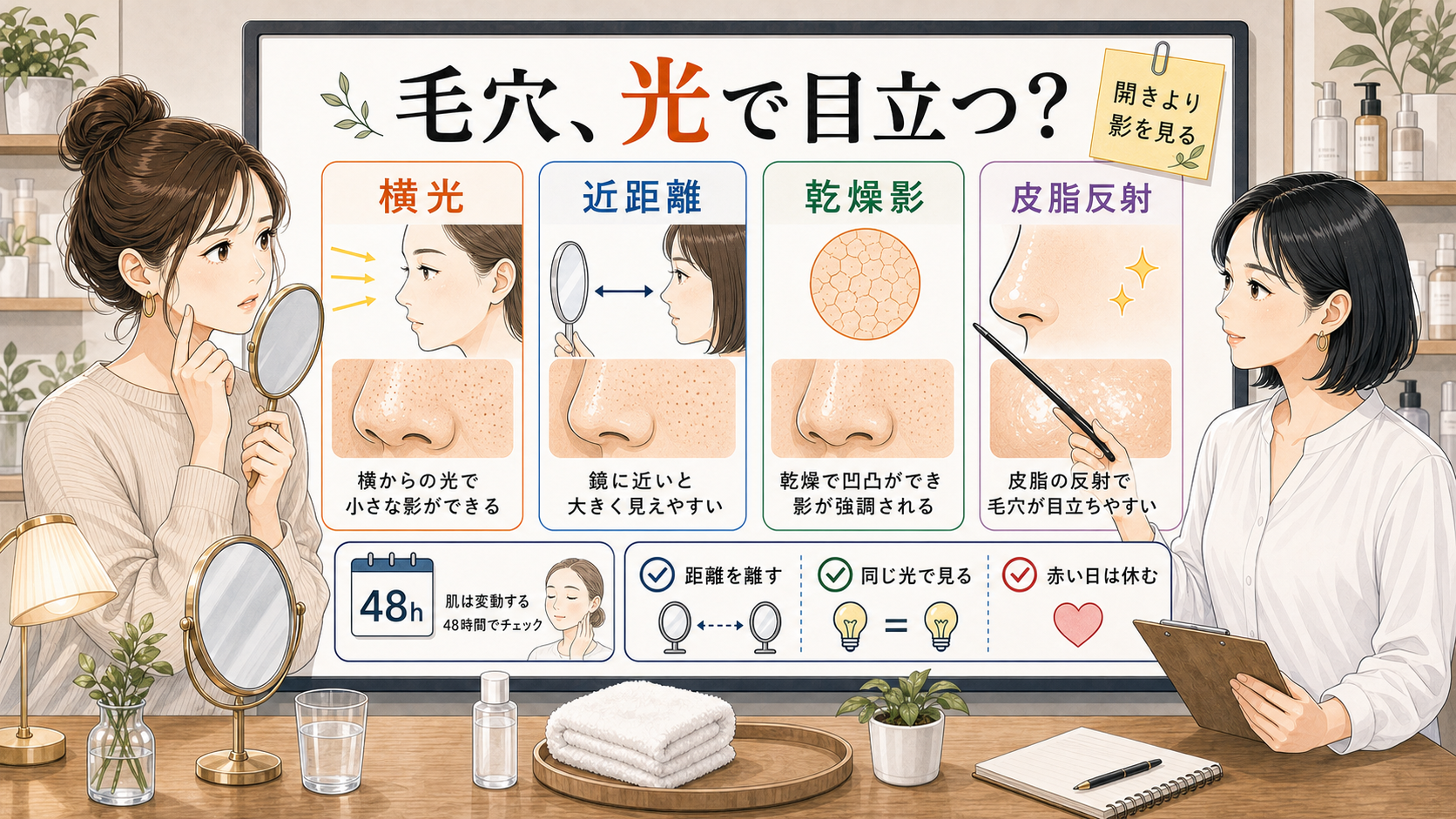 毛穴が光で目立つ理由を横光、近距離、乾燥影、皮脂反射、48時間で整理する美容相談ボード