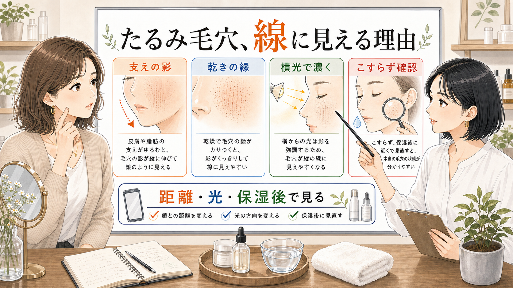 たるみ毛穴が線に見える理由を支えの影・乾き・横光で確認する図
