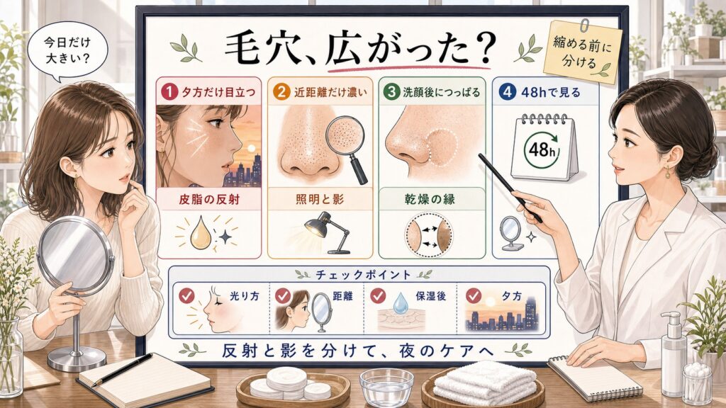 テカリや照明や乾燥で毛穴が広がったように見える条件を夕方、距離、洗顔後、48時間で分ける美容相談ボード